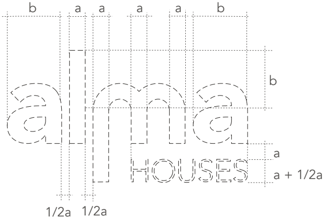 O logótipo da Alma Houses, desenhado com as suas medidas de construção.